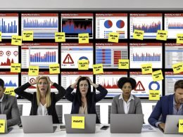 Chaotisches Marketing-Dashboard mit widersprüchlichen Analysen, roten Warnsymbolen, gestressten Marketern und Notizen wie 'Error 404', die auf Validierungsprobleme hinweisen