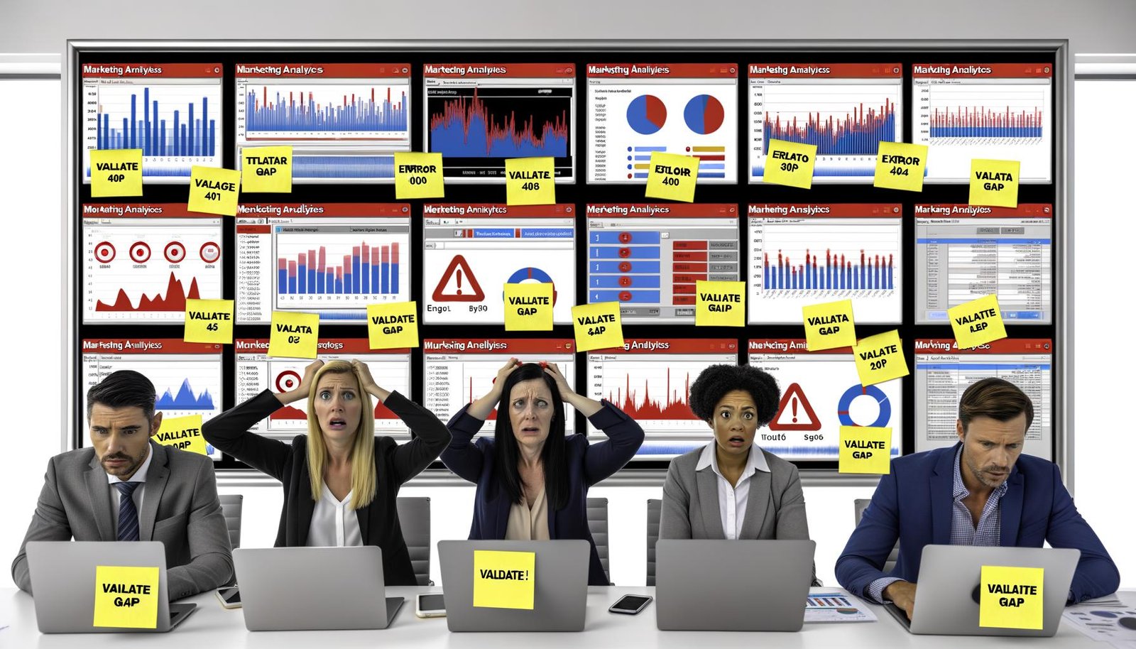 Chaotisches Marketing-Dashboard mit widersprüchlichen Analysen, roten Warnsymbolen, gestressten Marketern und Notizen wie 'Error 404', die auf Validierungsprobleme hinweisen