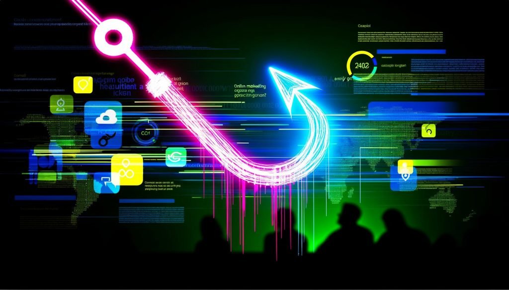 Metaphorischer Neon-Angelhaken ragt aus einem Bildschirm voller Content-Schnipsel; verschwommene Social Media Icons und Analysedaten im Hintergrund, davor neugierige Nutzer am Monitor.
