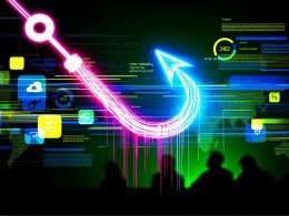 Metaphorischer Neon-Angelhaken ragt aus einem Bildschirm voller Content-Schnipsel; verschwommene Social Media Icons und Analysedaten im Hintergrund, davor neugierige Nutzer am Monitor.