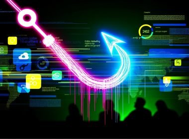 Metaphorischer Neon-Angelhaken ragt aus einem Bildschirm voller Content-Schnipsel; verschwommene Social Media Icons und Analysedaten im Hintergrund, davor neugierige Nutzer am Monitor.