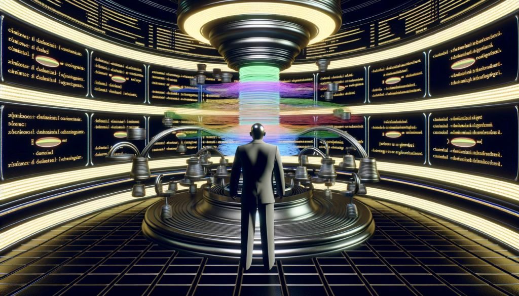 Ein moderner SEO-Spezialist jongliert im leuchtenden Kontrollraum mit Datenfäden, umgeben von Bildschirmen mit Produkt-URLs, Filtern und SEO-Metriken, beobachtet von einer schemenhaften Algorithmus-Figur.