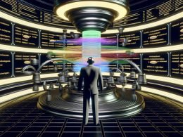 Ein moderner SEO-Spezialist jongliert im leuchtenden Kontrollraum mit Datenfäden, umgeben von Bildschirmen mit Produkt-URLs, Filtern und SEO-Metriken, beobachtet von einer schemenhaften Algorithmus-Figur.