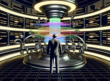 Ein moderner SEO-Spezialist jongliert im leuchtenden Kontrollraum mit Datenfäden, umgeben von Bildschirmen mit Produkt-URLs, Filtern und SEO-Metriken, beobachtet von einer schemenhaften Algorithmus-Figur.