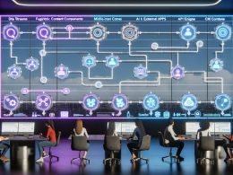 Futuristischer Kontrollraum mit transparenten Touchscreens, auf denen Entwickler, Marketer und Designer gemeinsam digitale Content-Workflows, KI-Flows und API-Verbindungen steuern. Im Bild leuchtende Diagramme, vernetzte Datenquellen und schwebende Icons für Qualität, Skalierbarkeit und Sicherheit.