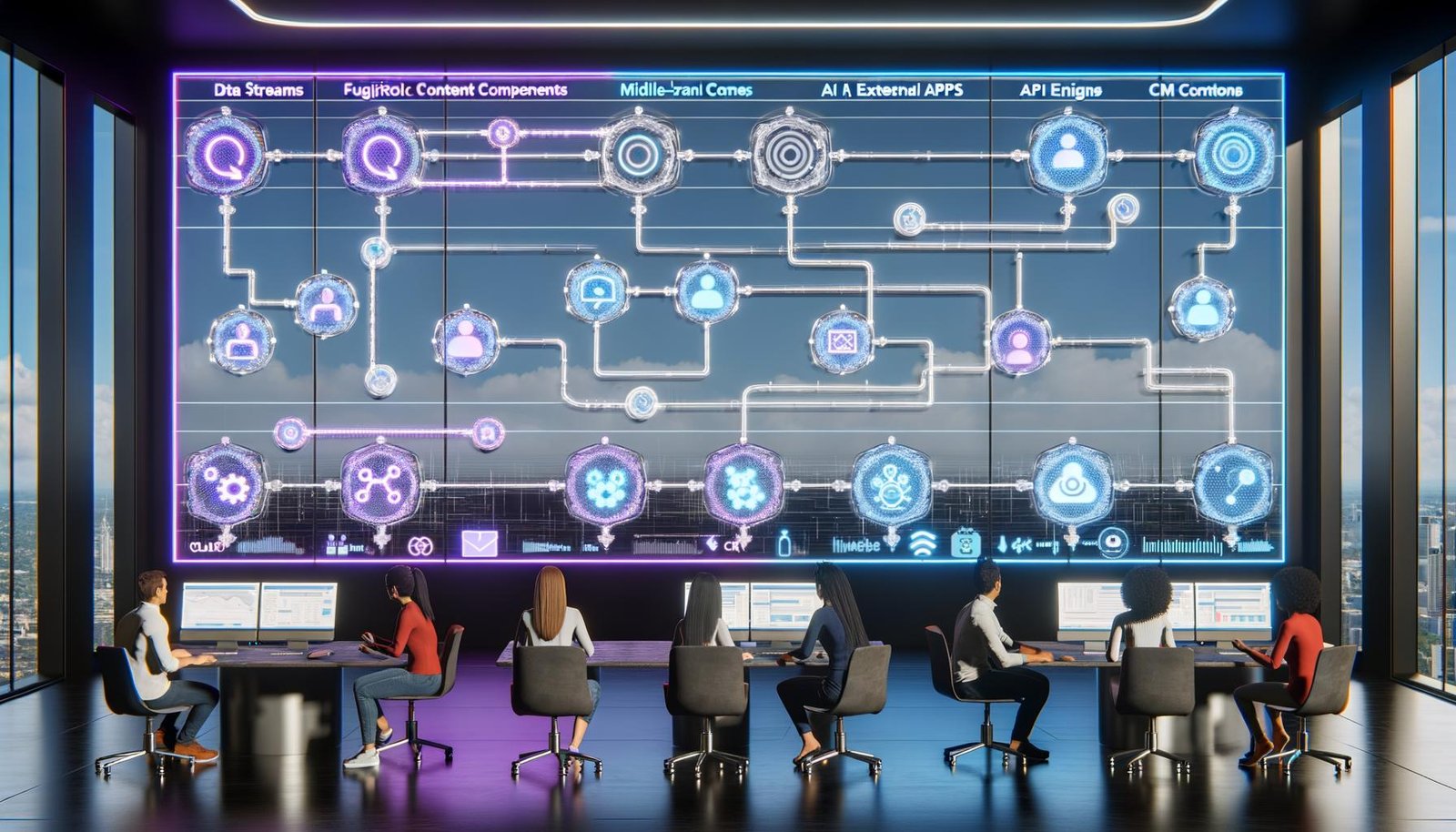 Futuristischer Kontrollraum mit transparenten Touchscreens, auf denen Entwickler, Marketer und Designer gemeinsam digitale Content-Workflows, KI-Flows und API-Verbindungen steuern. Im Bild leuchtende Diagramme, vernetzte Datenquellen und schwebende Icons für Qualität, Skalierbarkeit und Sicherheit.