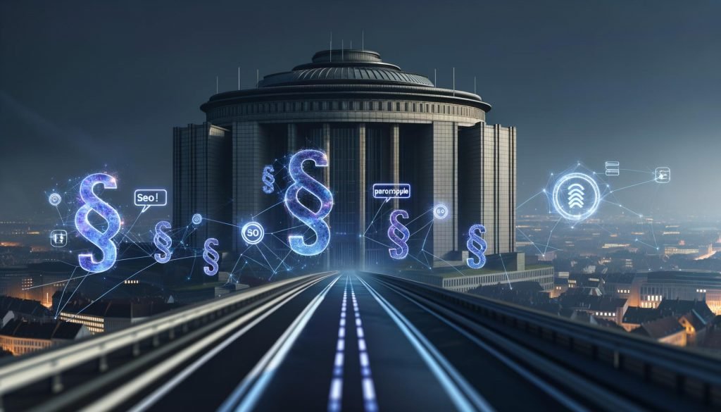 Dunkles Brüsseler Regierungsgebäude mit digitalen Datenströmen, Paragraphen-Zeichen und Marketing-Icons vor einem europäischen Stadtpanorama, kritisch und technologische Dystopie.