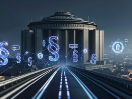 Dunkles Brüsseler Regierungsgebäude mit digitalen Datenströmen, Paragraphen-Zeichen und Marketing-Icons vor einem europäischen Stadtpanorama, kritisch und technologische Dystopie.