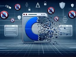 Zersplitterndes Cookie-Icon, umgeben von blockierten Browserfenstern (Chrome, Safari, Firefox), digitalen Datenströmen, Server-Symbolen, Fingerabdrücken sowie Motiven zu Recht und Privatsphäre.