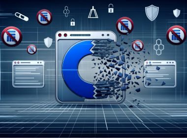 Zersplitterndes Cookie-Icon, umgeben von blockierten Browserfenstern (Chrome, Safari, Firefox), digitalen Datenströmen, Server-Symbolen, Fingerabdrücken sowie Motiven zu Recht und Privatsphäre.