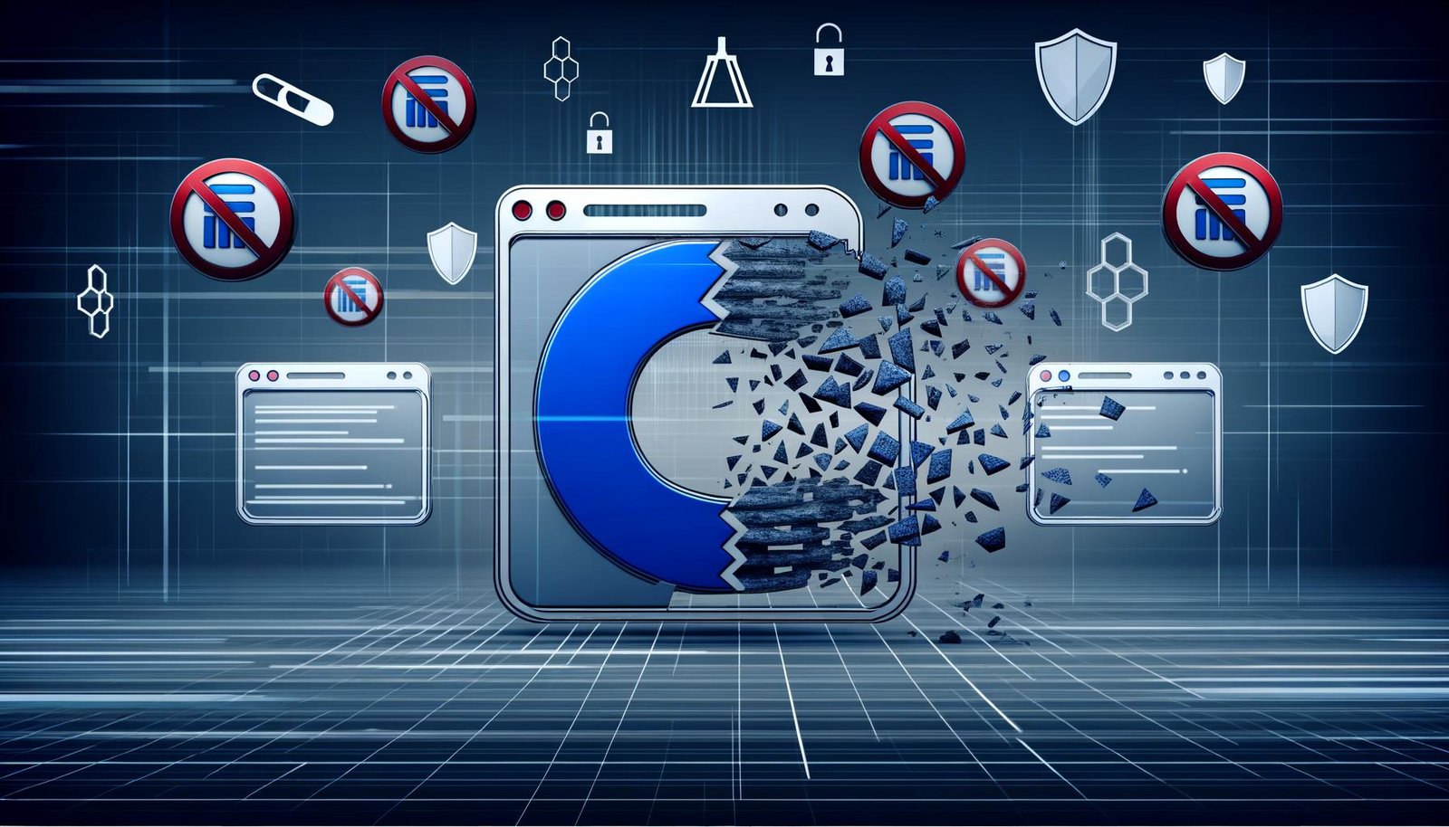 Zersplitterndes Cookie-Icon, umgeben von blockierten Browserfenstern (Chrome, Safari, Firefox), digitalen Datenströmen, Server-Symbolen, Fingerabdrücken sowie Motiven zu Recht und Privatsphäre.