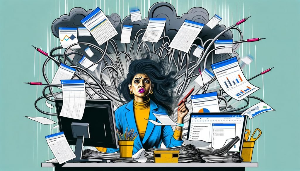 Illustration einer überforderten Digital Marketerin mit verstreuten Excel-Dateien, Kabelsalat, alten Monitoren und aufflackernden Fehlermeldungen; im Hintergrund entsteht moderne Datenarchitektur.