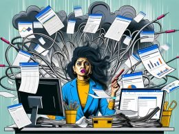 Illustration einer überforderten Digital Marketerin mit verstreuten Excel-Dateien, Kabelsalat, alten Monitoren und aufflackernden Fehlermeldungen; im Hintergrund entsteht moderne Datenarchitektur.