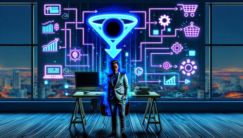 Dynamische Illustration eines Einzelunternehmers an einem Schreibtisch im urbanen Office, im Zentrum ein leuchtendes Stripe-Logo mit Checkout-, Automatisierungs-, Upsell- und Analytics-Symbolen, technische Atmosphäre mit konkurrierenden Figuren im Hintergrund.