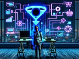 Dynamische Illustration eines Einzelunternehmers an einem Schreibtisch im urbanen Office, im Zentrum ein leuchtendes Stripe-Logo mit Checkout-, Automatisierungs-, Upsell- und Analytics-Symbolen, technische Atmosphäre mit konkurrierenden Figuren im Hintergrund.