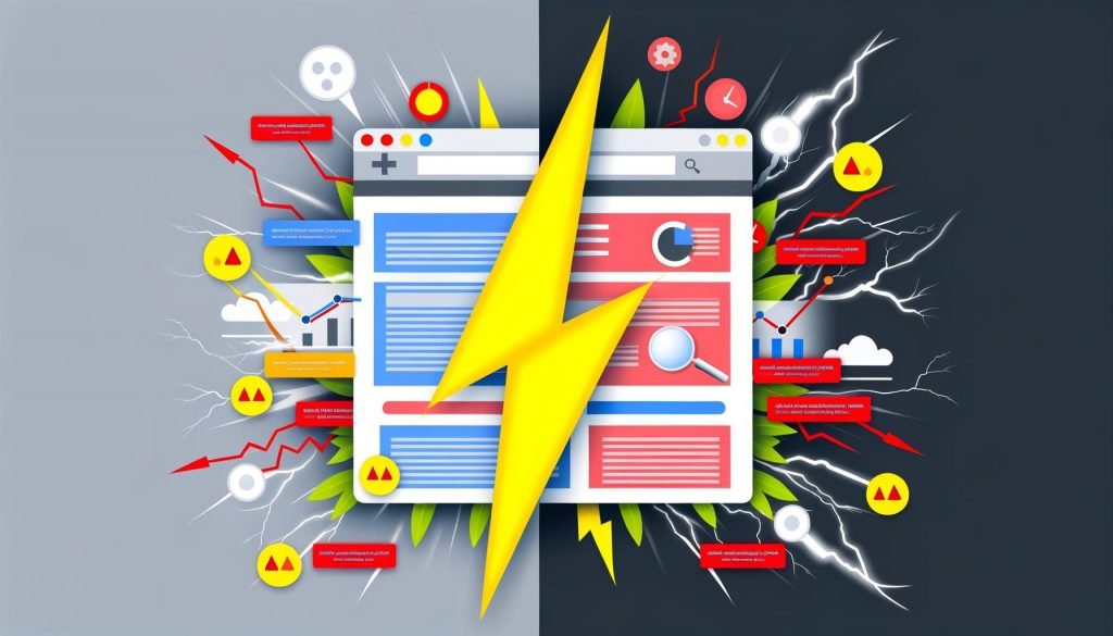 Split-Illustration einer Webseite: Links hohe Rankings und glückliche Nutzer durch gute SEO, rechts Verluste und Duplicate Content, in der Mitte ein gelbes A/B-Testing-Interface.