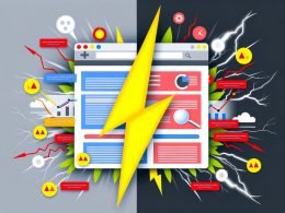 Split-Illustration einer Webseite: Links hohe Rankings und glückliche Nutzer durch gute SEO, rechts Verluste und Duplicate Content, in der Mitte ein gelbes A/B-Testing-Interface.