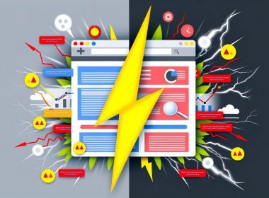Split-Illustration einer Webseite: Links hohe Rankings und glückliche Nutzer durch gute SEO, rechts Verluste und Duplicate Content, in der Mitte ein gelbes A/B-Testing-Interface.