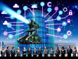 Futuristischer EU-Glasturm umgeben von hellen Datenströmen, ein schwebender Regulierungs-Bulldozer richtet seinen Präzisionslaser auf digitale Symbole; davor stehen diverse Professionals mit Laptops und Notizblöcken.