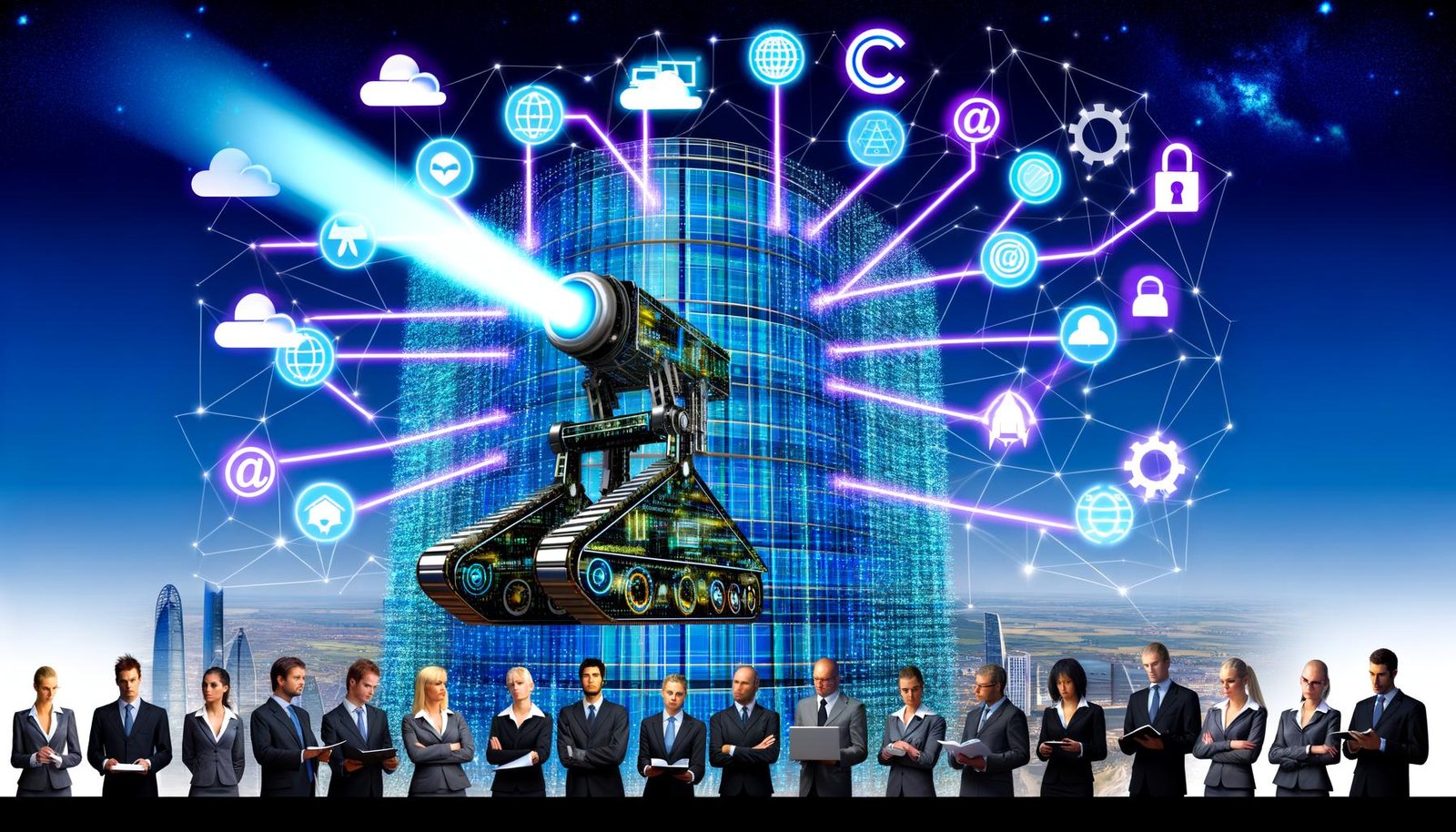 Futuristischer EU-Glasturm umgeben von hellen Datenströmen, ein schwebender Regulierungs-Bulldozer richtet seinen Präzisionslaser auf digitale Symbole; davor stehen diverse Professionals mit Laptops und Notizblöcken.