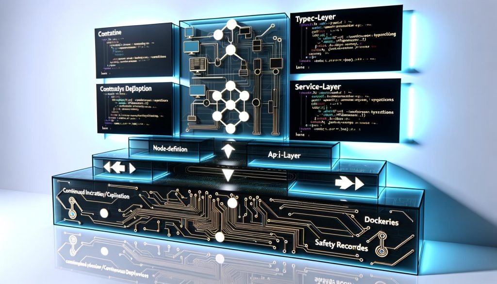 Digitale Illustration eines modernen Kontrollraums mit transparenten Displays, die n8n-Workflows, TypeScript-Code, API-Endpunkte und Sicherheitsprotokolle zeigen. Im Zentrum ein gestapeltes Technik-Diagramm mit Platinenstruktur, Modulen und Icons für TypeScript, CI/CD, Docker und Logs.