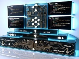Digitale Illustration eines modernen Kontrollraums mit transparenten Displays, die n8n-Workflows, TypeScript-Code, API-Endpunkte und Sicherheitsprotokolle zeigen. Im Zentrum ein gestapeltes Technik-Diagramm mit Platinenstruktur, Modulen und Icons für TypeScript, CI/CD, Docker und Logs.
