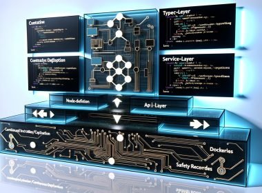 Digitale Illustration eines modernen Kontrollraums mit transparenten Displays, die n8n-Workflows, TypeScript-Code, API-Endpunkte und Sicherheitsprotokolle zeigen. Im Zentrum ein gestapeltes Technik-Diagramm mit Platinenstruktur, Modulen und Icons für TypeScript, CI/CD, Docker und Logs.
