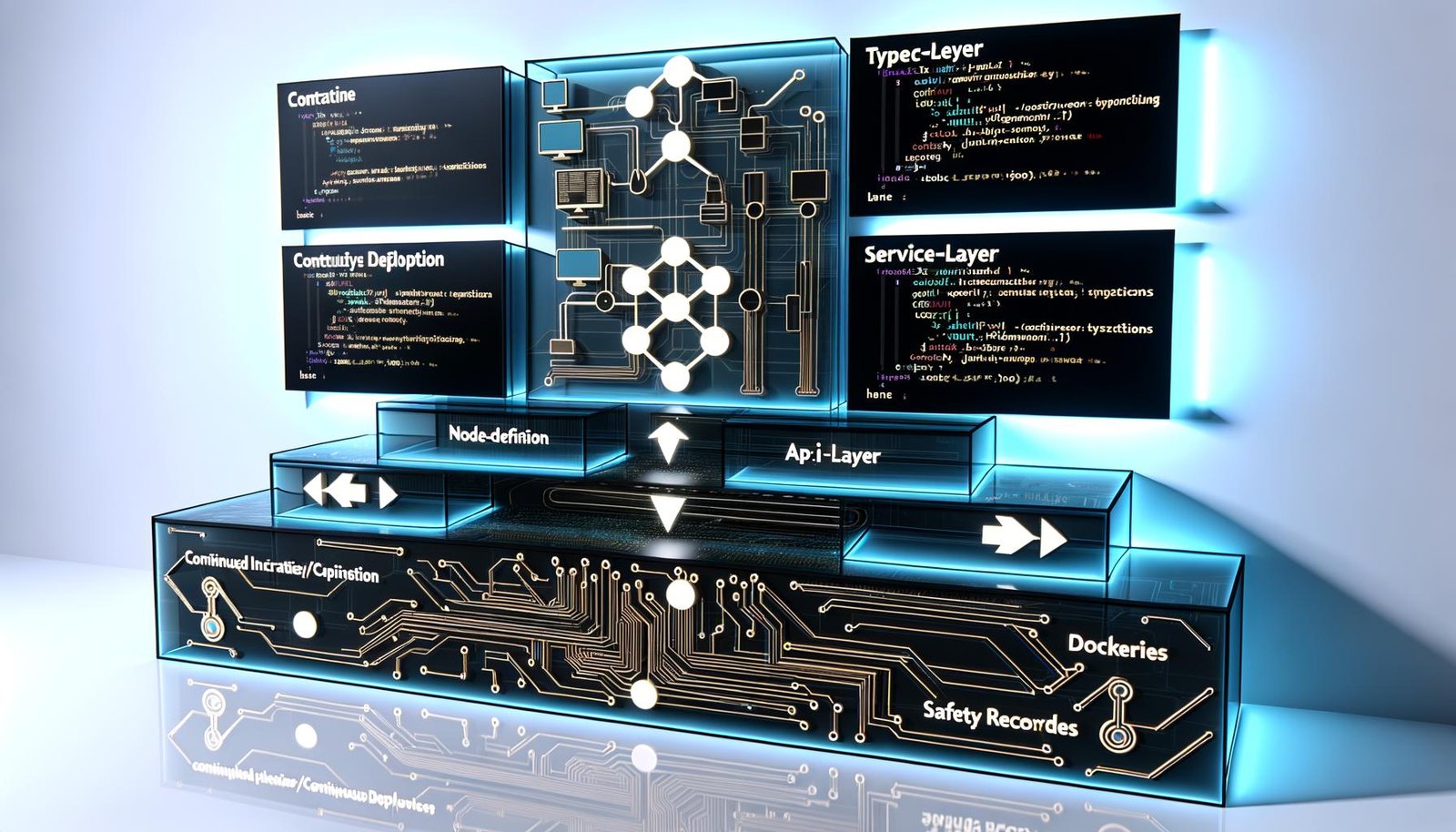 Digitale Illustration eines modernen Kontrollraums mit transparenten Displays, die n8n-Workflows, TypeScript-Code, API-Endpunkte und Sicherheitsprotokolle zeigen. Im Zentrum ein gestapeltes Technik-Diagramm mit Platinenstruktur, Modulen und Icons für TypeScript, CI/CD, Docker und Logs.