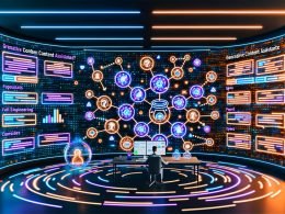 Futuristisches Agentur-Setting mit digitalen Displays, holografischen KI-Tools und Marketing-Visualisierungen, die den Einsatz generativer Content Assistenten im Marketing illustrieren.