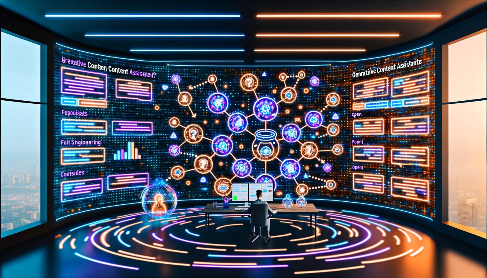 Futuristisches Agentur-Setting mit digitalen Displays, holografischen KI-Tools und Marketing-Visualisierungen, die den Einsatz generativer Content Assistenten im Marketing illustrieren.