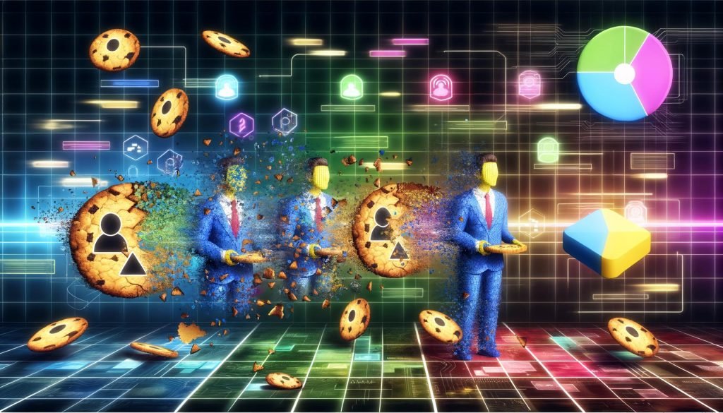 Futuristische Grafik mit Avataren von Marketer:innen auf einem interaktiven Dashboard, bröckelnden Third-Party-Cookies, Datenströmen, Servern, Consent-Popups und KI-Algorithmen als Puzzle-Elemente im Hintergrund.