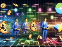 Futuristische Grafik mit Avataren von Marketer:innen auf einem interaktiven Dashboard, bröckelnden Third-Party-Cookies, Datenströmen, Servern, Consent-Popups und KI-Algorithmen als Puzzle-Elemente im Hintergrund.