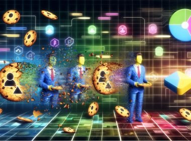 Futuristische Grafik mit Avataren von Marketer:innen auf einem interaktiven Dashboard, bröckelnden Third-Party-Cookies, Datenströmen, Servern, Consent-Popups und KI-Algorithmen als Puzzle-Elemente im Hintergrund.