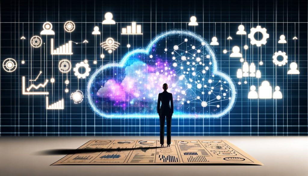 Moderne Illustration eines Redakteurs zwischen Papierplänen und leuchtender Datenwolke aus Diagrammen, Algorithmen, Social Media und KI-Symbolen im Hintergrund.