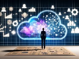 Moderne Illustration eines Redakteurs zwischen Papierplänen und leuchtender Datenwolke aus Diagrammen, Algorithmen, Social Media und KI-Symbolen im Hintergrund.