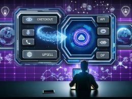 Futuristischer digitaler Arbeitsplatz mit Stripe-Logo, holografischen Panels für Checkout, API und Automatisierung, Neonfarben, leuchtenden Datenströmen und symbolischen Elementen für Sicherheit und DSGVO.