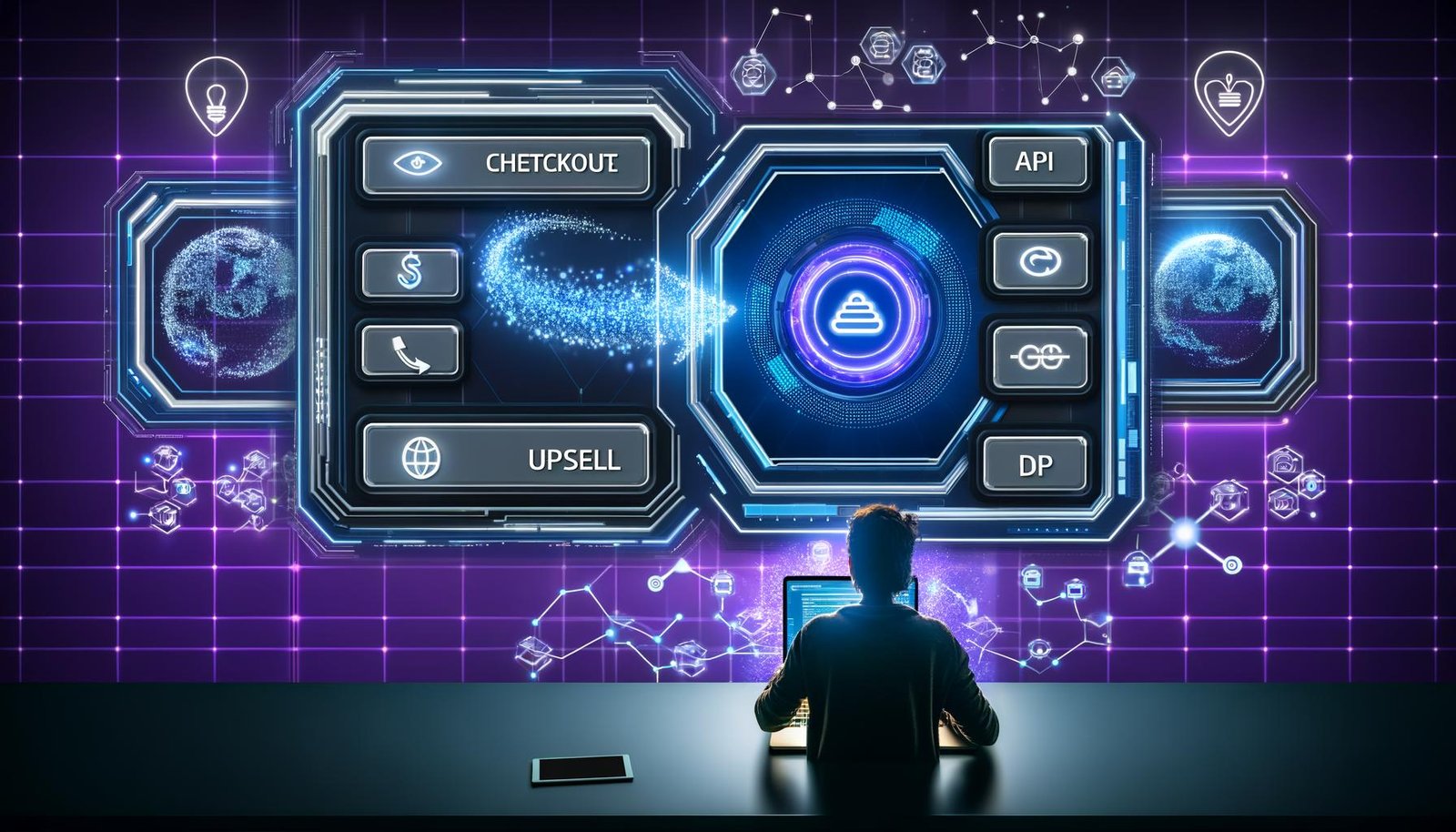 Futuristischer digitaler Arbeitsplatz mit Stripe-Logo, holografischen Panels für Checkout, API und Automatisierung, Neonfarben, leuchtenden Datenströmen und symbolischen Elementen für Sicherheit und DSGVO.