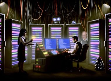 Zwei Experten ringen im technologisch düsteren Maschinenraum mit Servern, Kabeln und flackernden Bildschirmen, beobachtet von einem robotischen Googlebot.