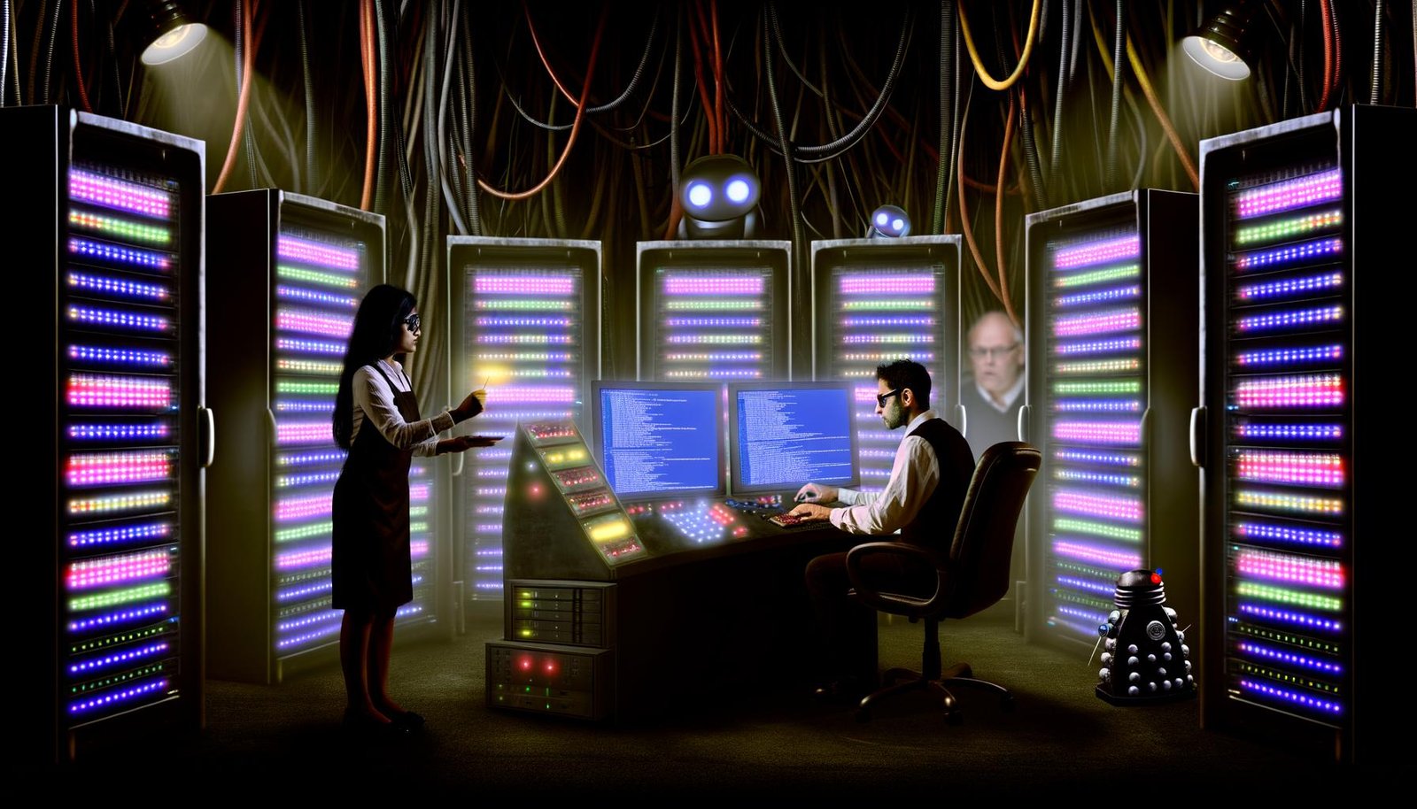 Zwei Experten ringen im technologisch düsteren Maschinenraum mit Servern, Kabeln und flackernden Bildschirmen, beobachtet von einem robotischen Googlebot.