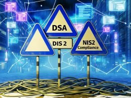 Metaphorisches Bermudadreieck aus Straßenschildern mit DSA, DMA, NIS2 und Compliance in einer futuristischen Großstadt mit Netzwerkkabeln und Datenströmen.