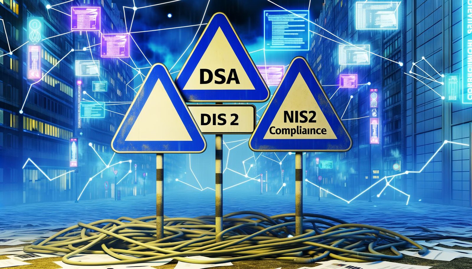 Metaphorisches Bermudadreieck aus Straßenschildern mit DSA, DMA, NIS2 und Compliance in einer futuristischen Großstadt mit Netzwerkkabeln und Datenströmen.