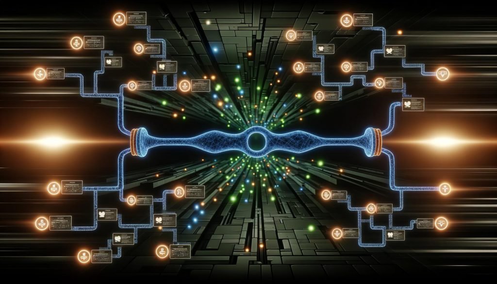 Stilisierte, neonleuchtende Datenpipeline in dunkler High-Tech-Umgebung mit separaten Workflows, Anzeigen und symbolischen Icons für Datenbanken und APIs.