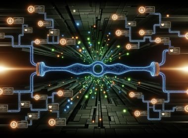 Stilisierte, neonleuchtende Datenpipeline in dunkler High-Tech-Umgebung mit separaten Workflows, Anzeigen und symbolischen Icons für Datenbanken und APIs.