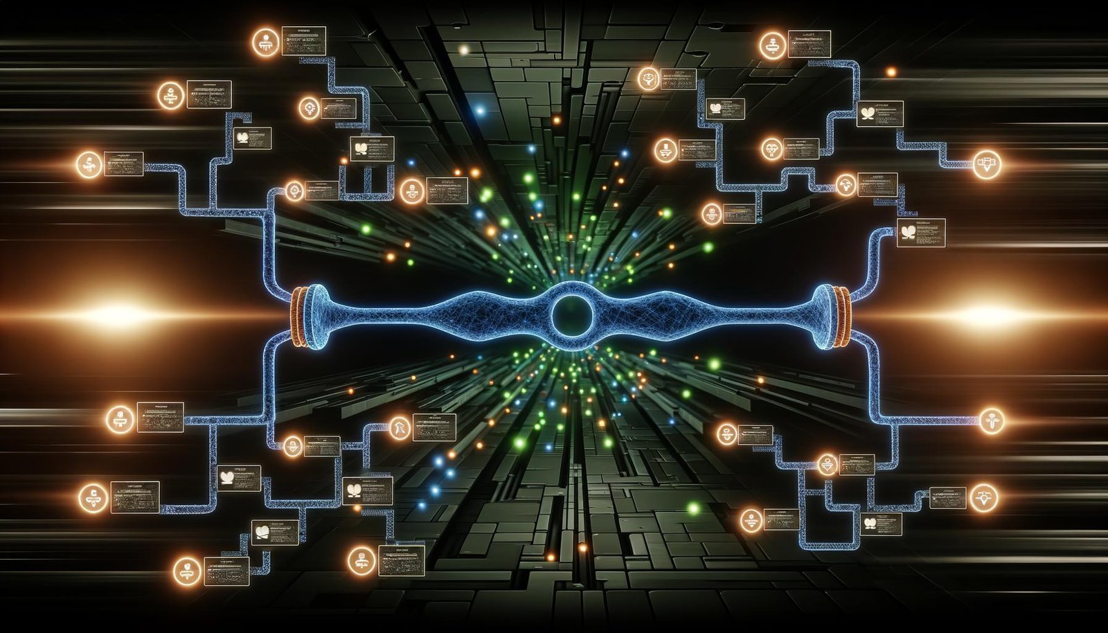 Stilisierte, neonleuchtende Datenpipeline in dunkler High-Tech-Umgebung mit separaten Workflows, Anzeigen und symbolischen Icons für Datenbanken und APIs.