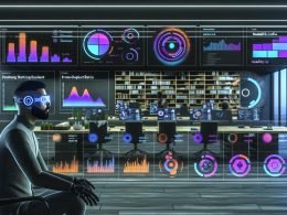Futuristisches Dashboard-Interface im Dark-Mode mit KPIs und Echtzeitdaten auf großem Monitor in modernem, hellem Büro. Marketing-Profi mit Headset sitzt im Vordergrund, umgeben von Hologramm-Datenströmen und KI-Symbolik.