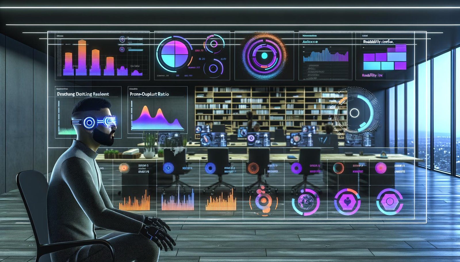 Futuristisches Dashboard-Interface im Dark-Mode mit KPIs und Echtzeitdaten auf großem Monitor in modernem, hellem Büro. Marketing-Profi mit Headset sitzt im Vordergrund, umgeben von Hologramm-Datenströmen und KI-Symbolik.