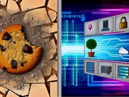 Illustration mit zwei Seiten: links ein zerbröckelnder Cookie und alte Webelemente für das Aus von Drittanbieter-Tracking, rechts fließende Datenströme, Server und Zustimmungshinweise für moderne Marketing-Architekturen.