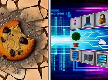 Illustration mit zwei Seiten: links ein zerbröckelnder Cookie und alte Webelemente für das Aus von Drittanbieter-Tracking, rechts fließende Datenströme, Server und Zustimmungshinweise für moderne Marketing-Architekturen.