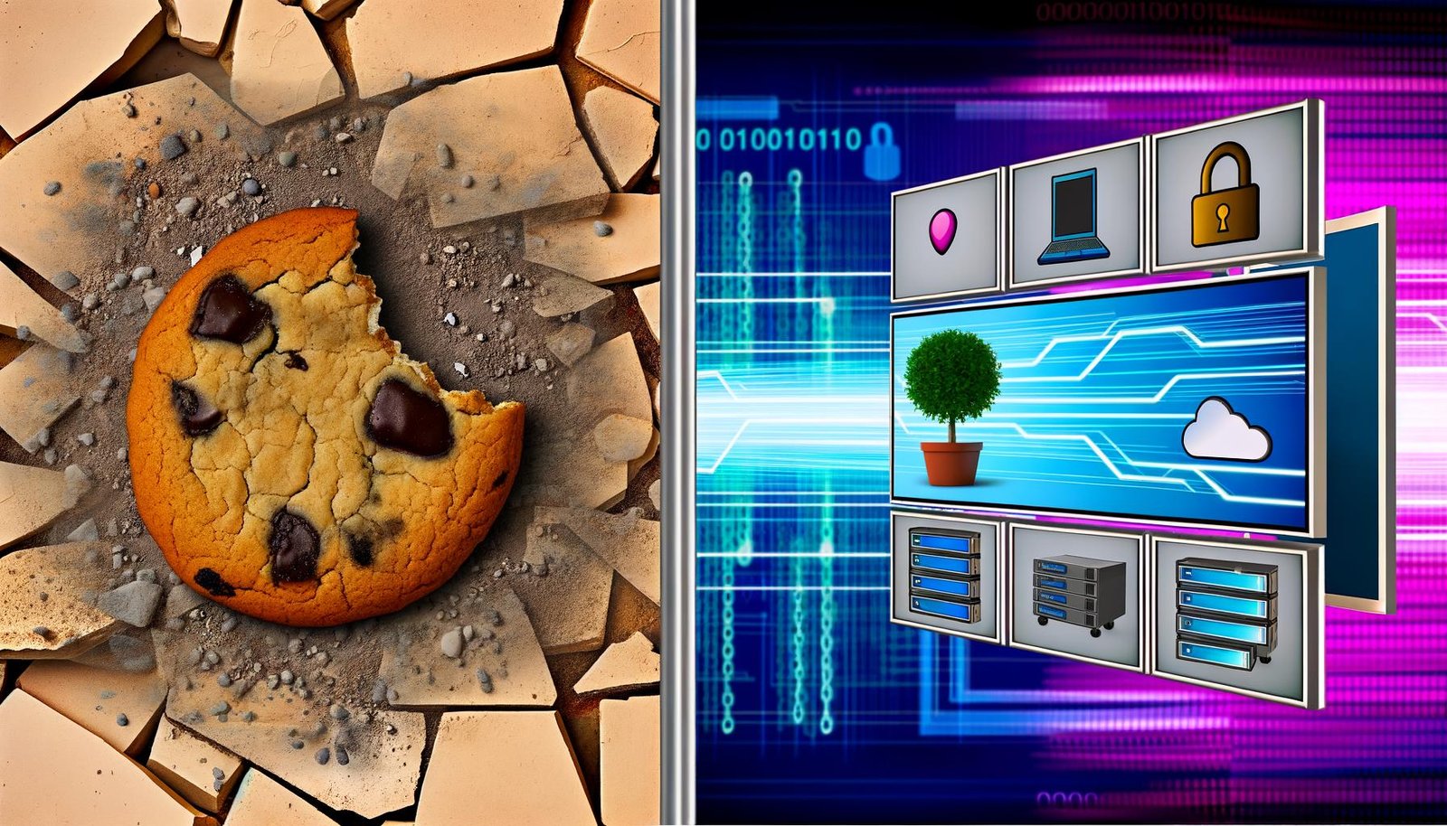 Illustration mit zwei Seiten: links ein zerbröckelnder Cookie und alte Webelemente für das Aus von Drittanbieter-Tracking, rechts fließende Datenströme, Server und Zustimmungshinweise für moderne Marketing-Architekturen.