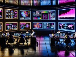 Cyberpunk-Marketingzentrum bei Nacht mit diversen Datenexperten, AR-Dashboards, leuchtenden Monitoren, Echtzeitdaten und kreativer Stimmung